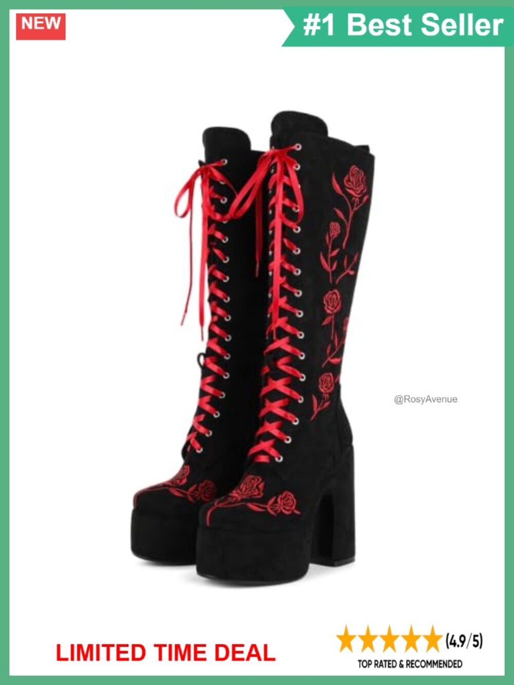 LISHAN Faux Suede Gothic Rose Embroidered Platform Boots Lace Up Knee High